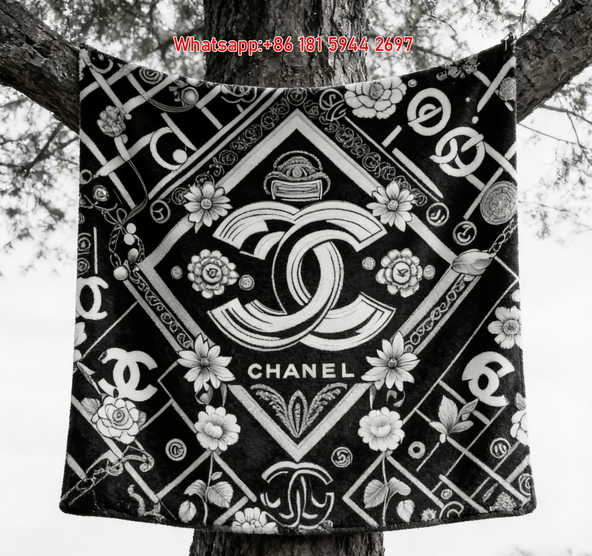 Chanel Black White Floral CC Logo Flannel Throw Blanket IMG_6681